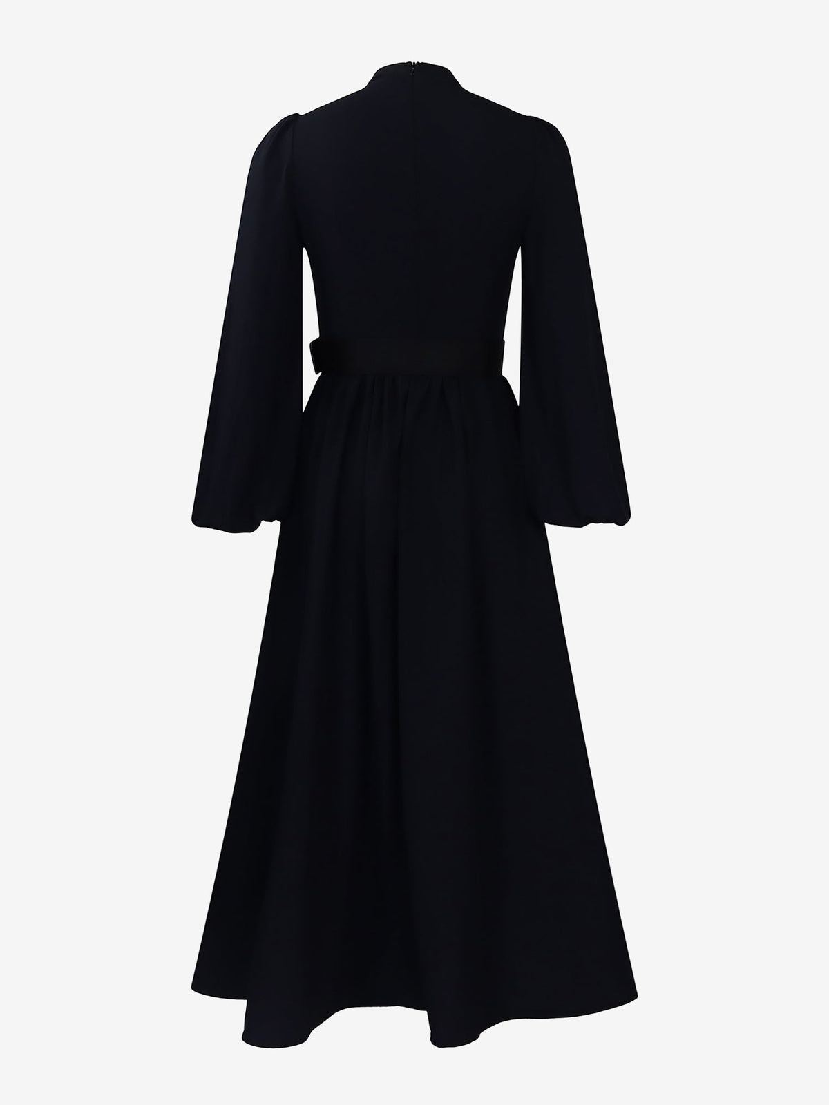 Mock Neck Puff Long Sleeves Belted A-Line Midi Dress