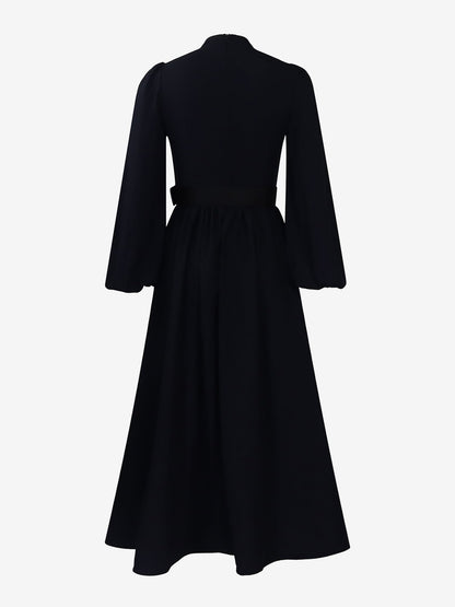 Mock Neck Puff Long Sleeves Belted A-Line Midi Dress