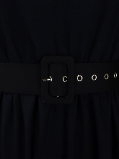 Mock Neck Puff Long Sleeves Belted A-Line Midi Dress