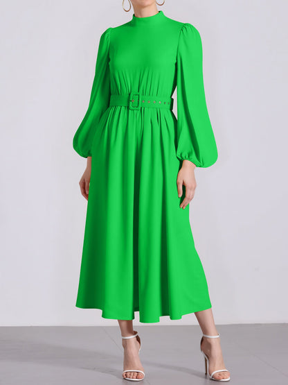 Mock Neck Puff Long Sleeves Belted A-Line Midi Dress