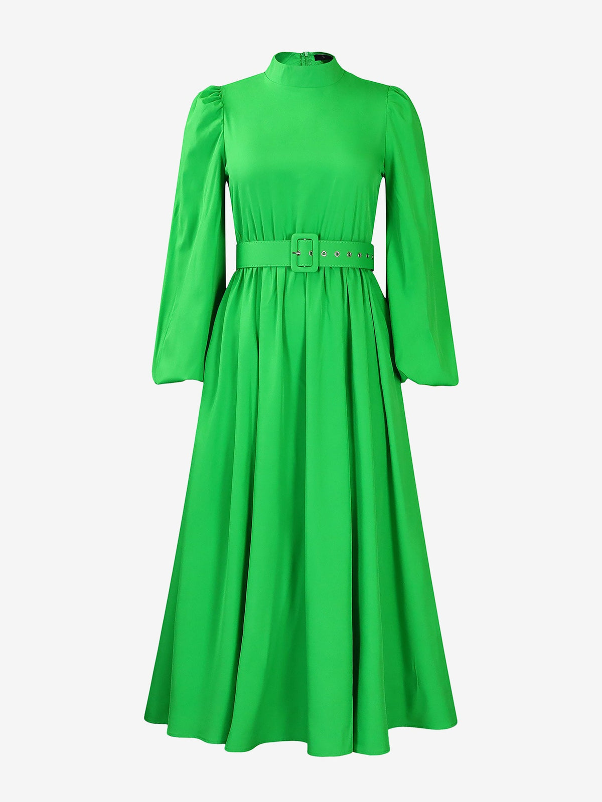 Mock Neck Puff Long Sleeves Belted A-Line Midi Dress