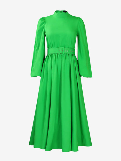 Mock Neck Puff Long Sleeves Belted A-Line Midi Dress