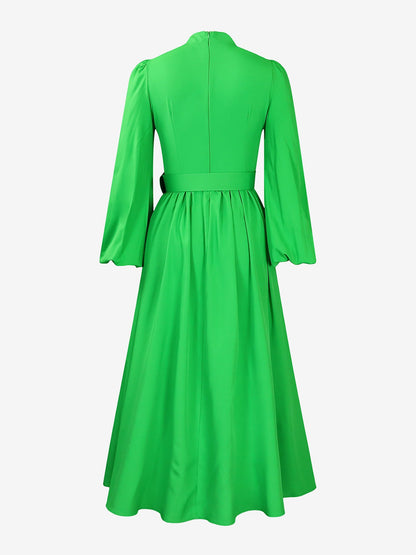 Mock Neck Puff Long Sleeves Belted A-Line Midi Dress