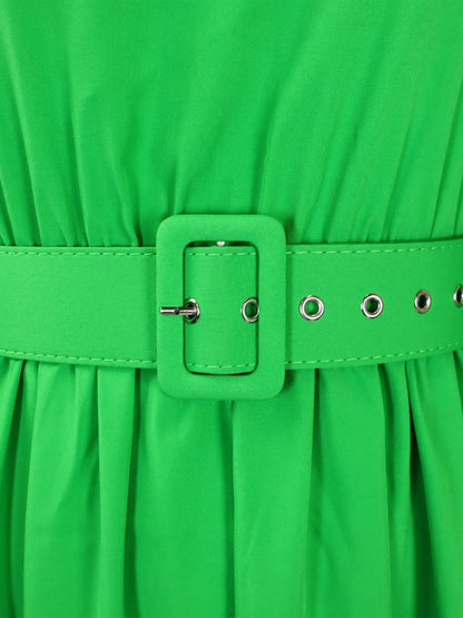 Mock Neck Puff Long Sleeves Belted A-Line Midi Dress