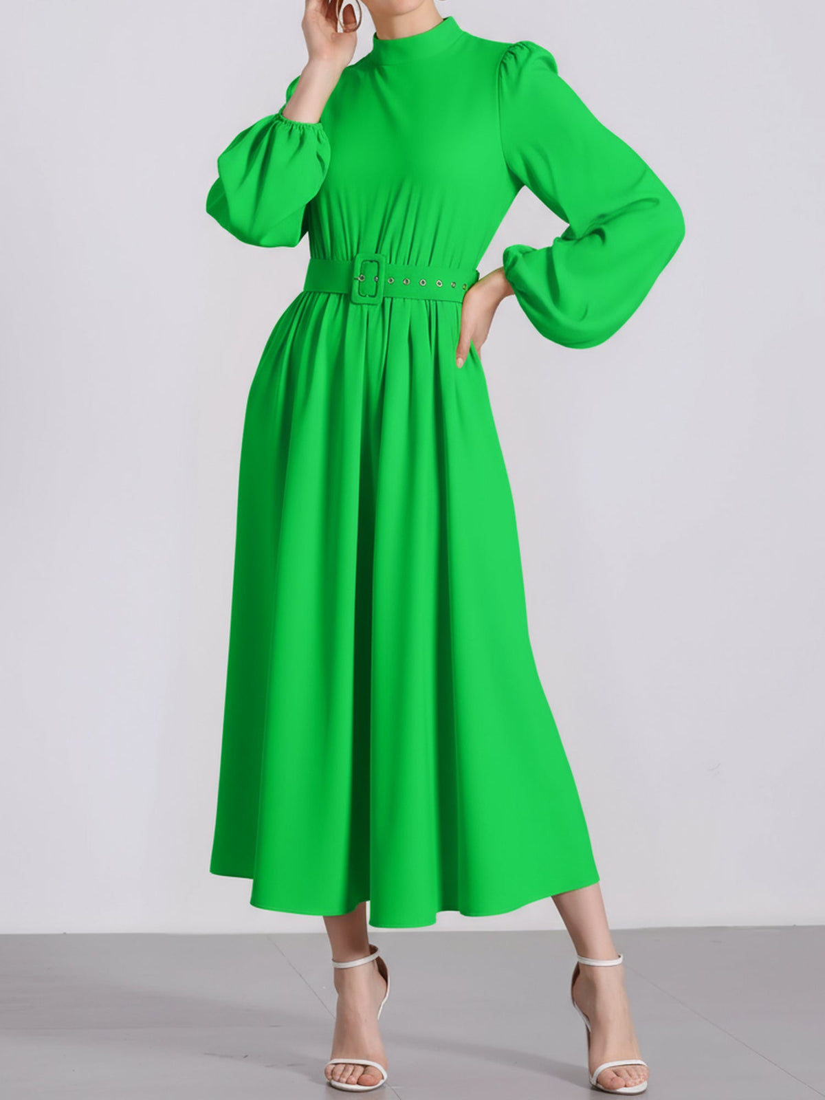 Mock Neck Puff Long Sleeves Belted A-Line Midi Dress