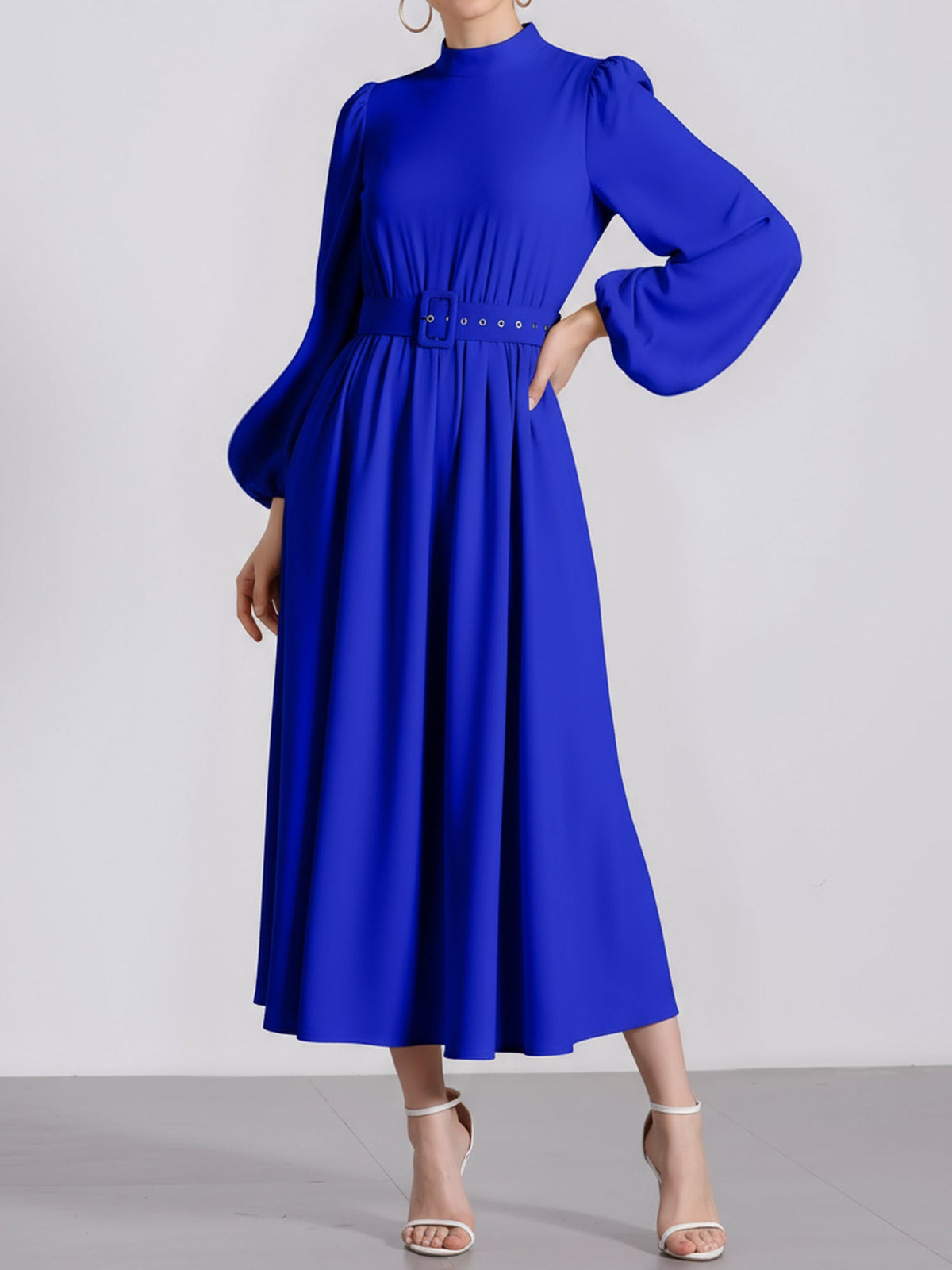 Mock Neck Puff Long Sleeves Belted A-Line Midi Dress
