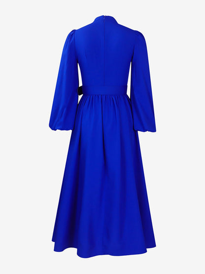 Mock Neck Puff Long Sleeves Belted A-Line Midi Dress