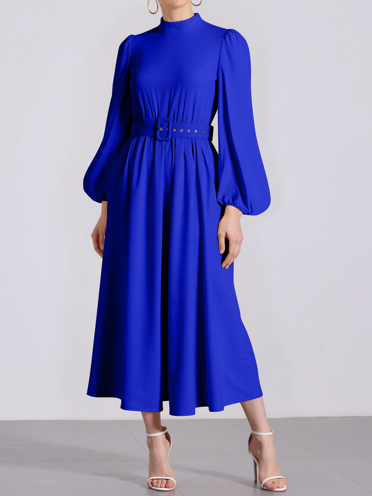 Mock Neck Puff Long Sleeves Belted A-Line Midi Dress