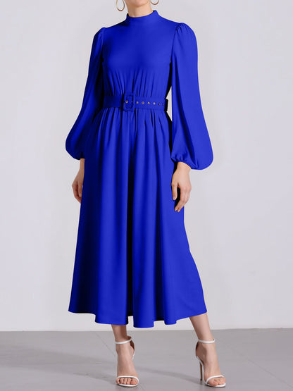 Mock Neck Puff Long Sleeves Belted A-Line Midi Dress