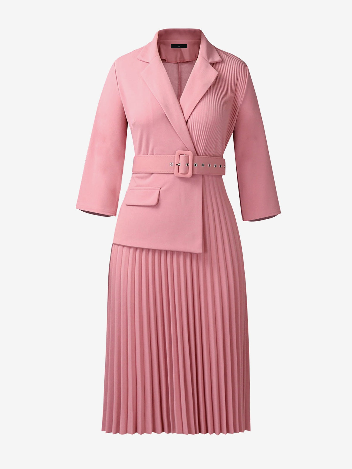 Notched Lapel 3/4 Sleeves Belted Pleated Midi Work Dress