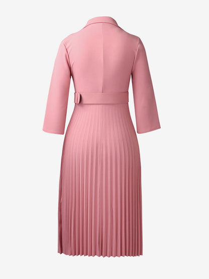 Notched Lapel 3/4 Sleeves Belted Pleated Midi Work Dress