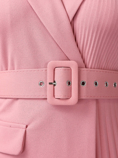 Notched Lapel 3/4 Sleeves Belted Pleated Midi Work Dress
