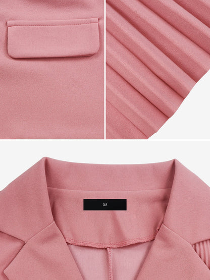 Notched Lapel 3/4 Sleeves Belted Pleated Midi Work Dress