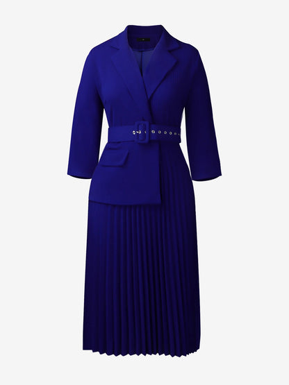 Notched Lapel 3/4 Sleeves Belted Pleated Midi Work Dress