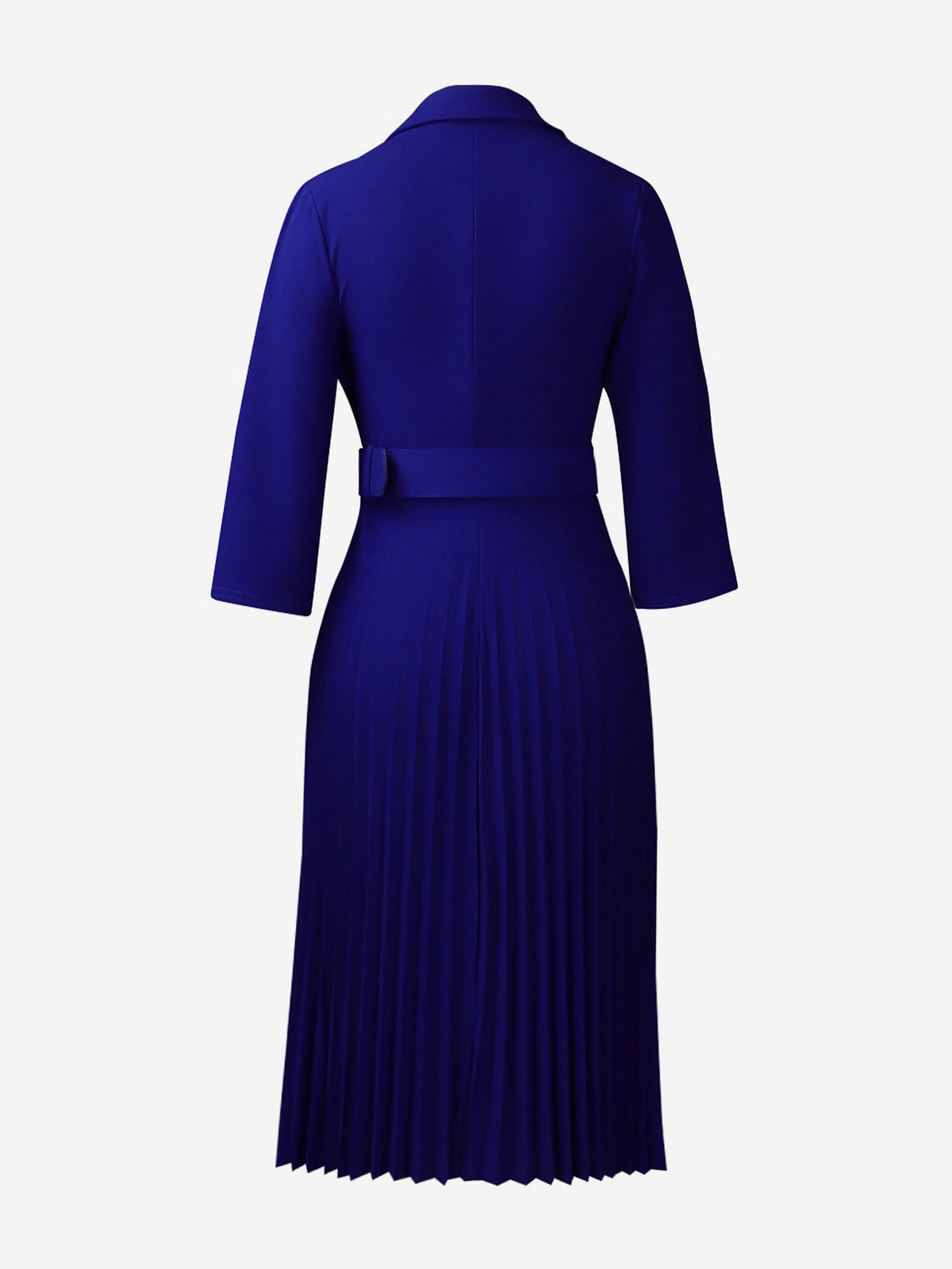 Notched Lapel 3/4 Sleeves Belted Pleated Midi Work Dress