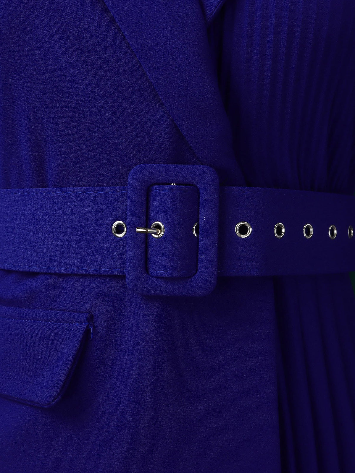 Notched Lapel 3/4 Sleeves Belted Pleated Midi Work Dress