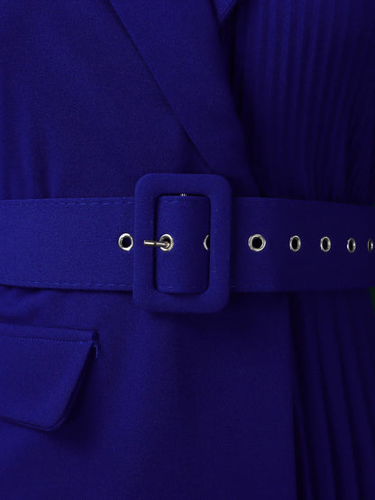 Notched Lapel 3/4 Sleeves Belted Pleated Midi Work Dress