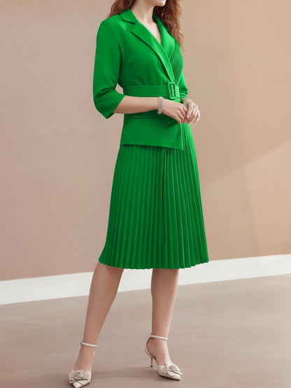 Notched Lapel 3/4 Sleeves Belted Pleated Midi Work Dress