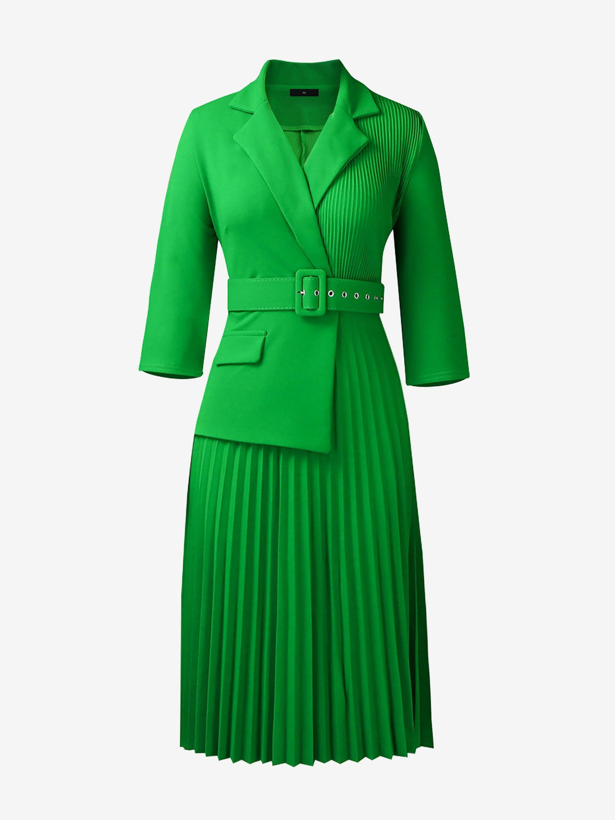 Notched Lapel 3/4 Sleeves Belted Pleated Midi Work Dress