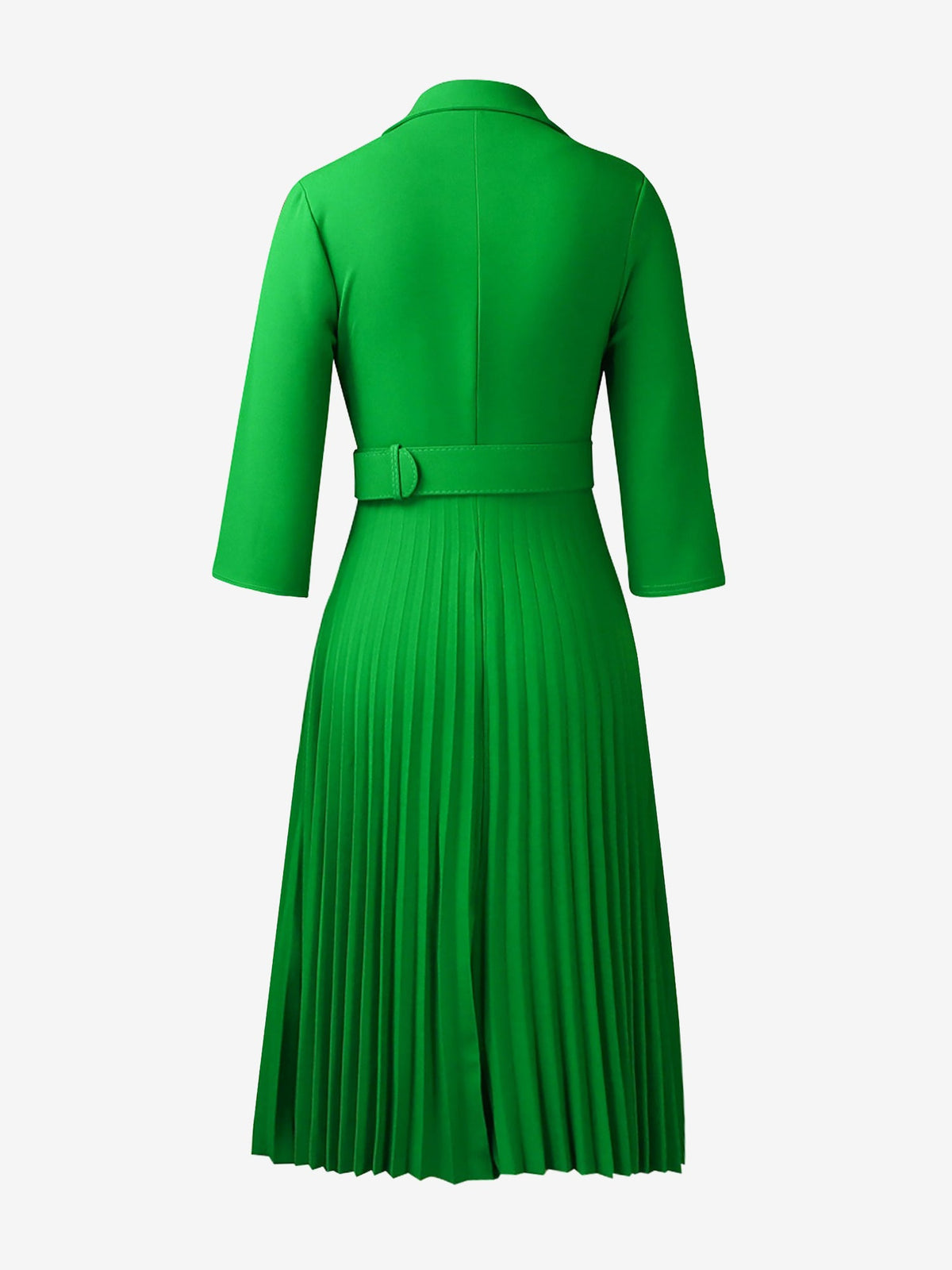 Notched Lapel 3/4 Sleeves Belted Pleated Midi Work Dress