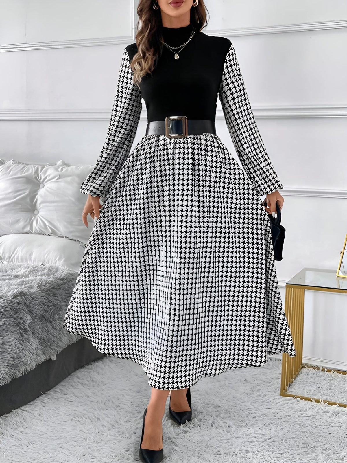 Houndstooth Patchwork Mock Neck A-Line Midi Dress