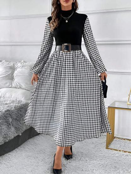 Houndstooth Patchwork Mock Neck A-Line Midi Dress