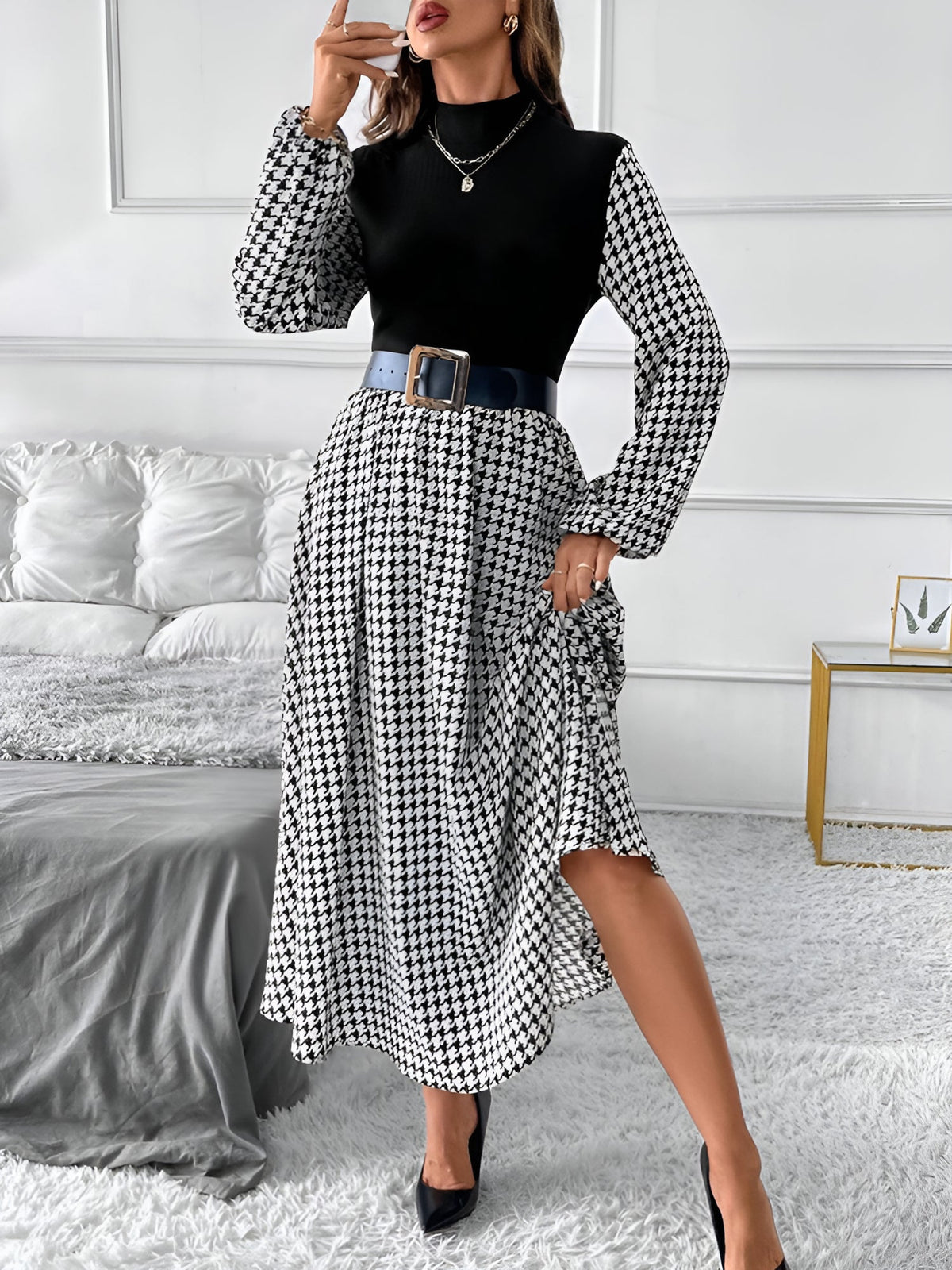 Houndstooth Patchwork Mock Neck A-Line Midi Dress