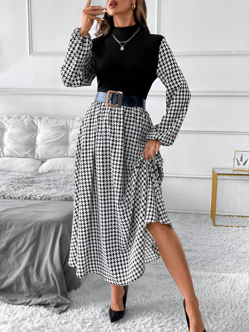 Houndstooth Patchwork Mock Neck A-Line Midi Dress