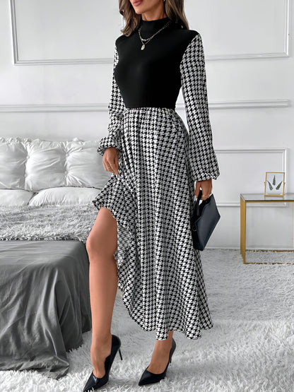 Houndstooth Patchwork Mock Neck A-Line Midi Dress