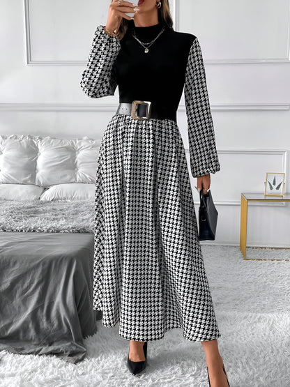 Houndstooth Patchwork Mock Neck A-Line Midi Dress