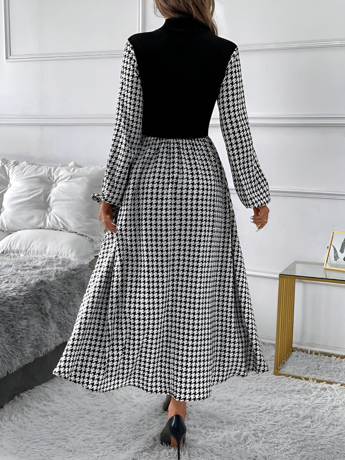 Houndstooth Patchwork Mock Neck A-Line Midi Dress
