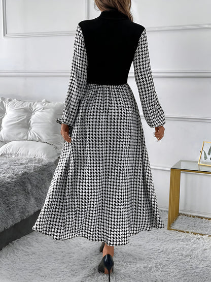 Houndstooth Patchwork Mock Neck A-Line Midi Dress
