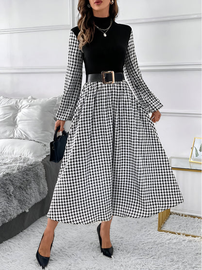 Houndstooth Patchwork Mock Neck A-Line Midi Dress