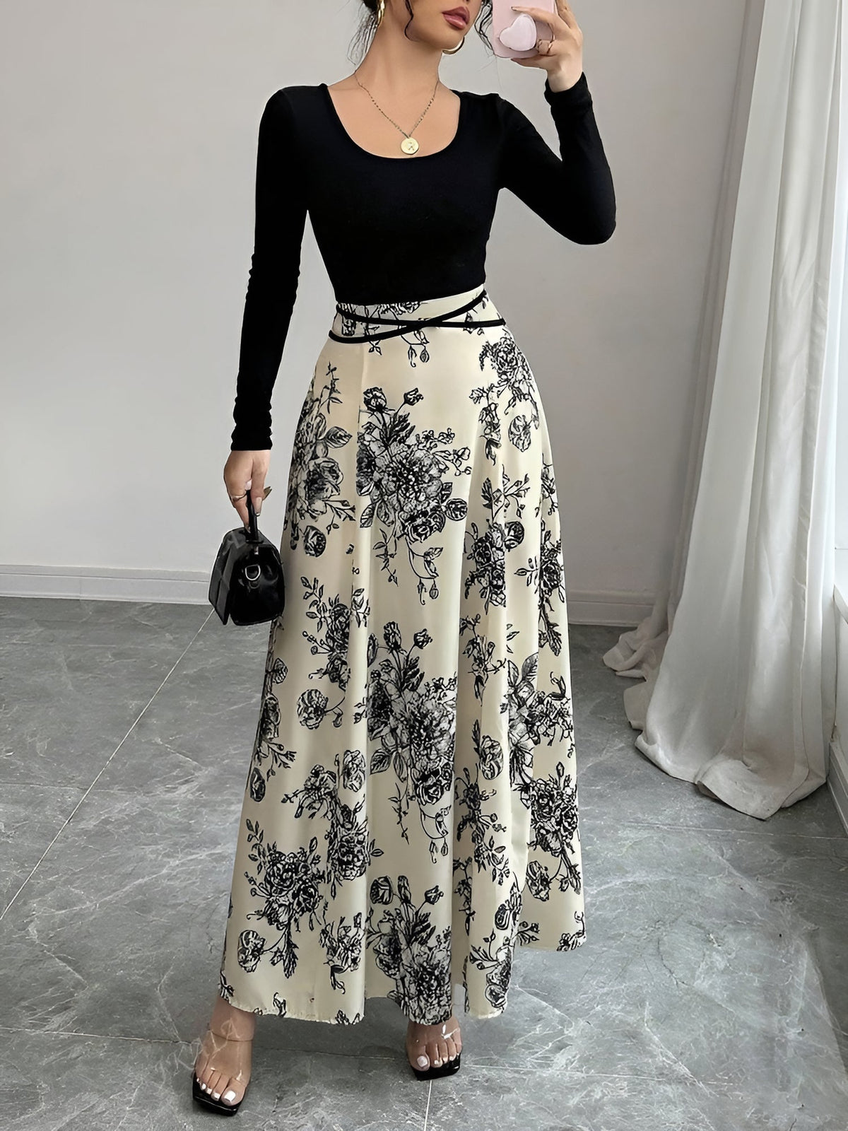 U Neck Long Sleeves Floral Patchwork Maxi Dress