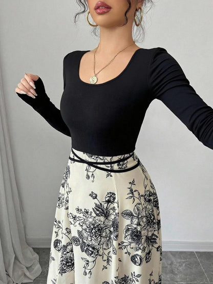 U Neck Long Sleeves Floral Patchwork Maxi Dress