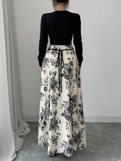 U Neck Long Sleeves Floral Patchwork Maxi Dress