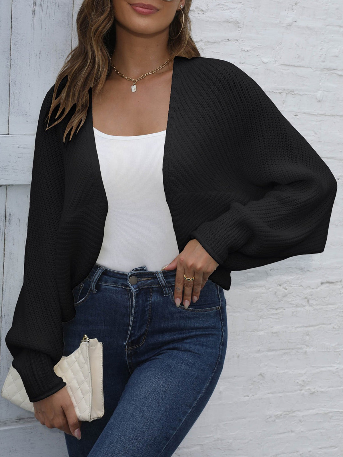 Batwing Sleeves Open Front Shawl-Style Cropped Cardigan