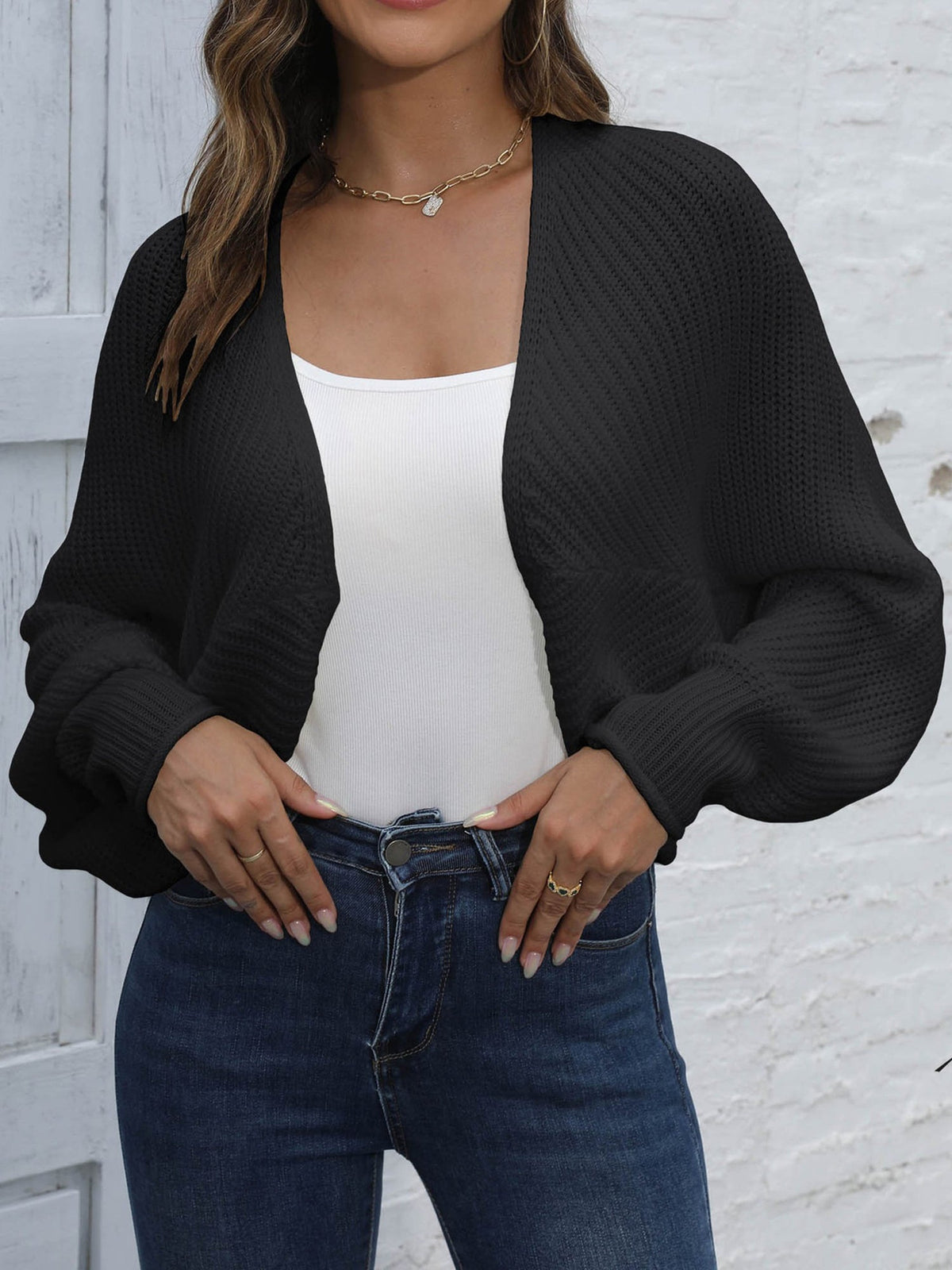 Batwing Sleeves Open Front Shawl-Style Cropped Cardigan