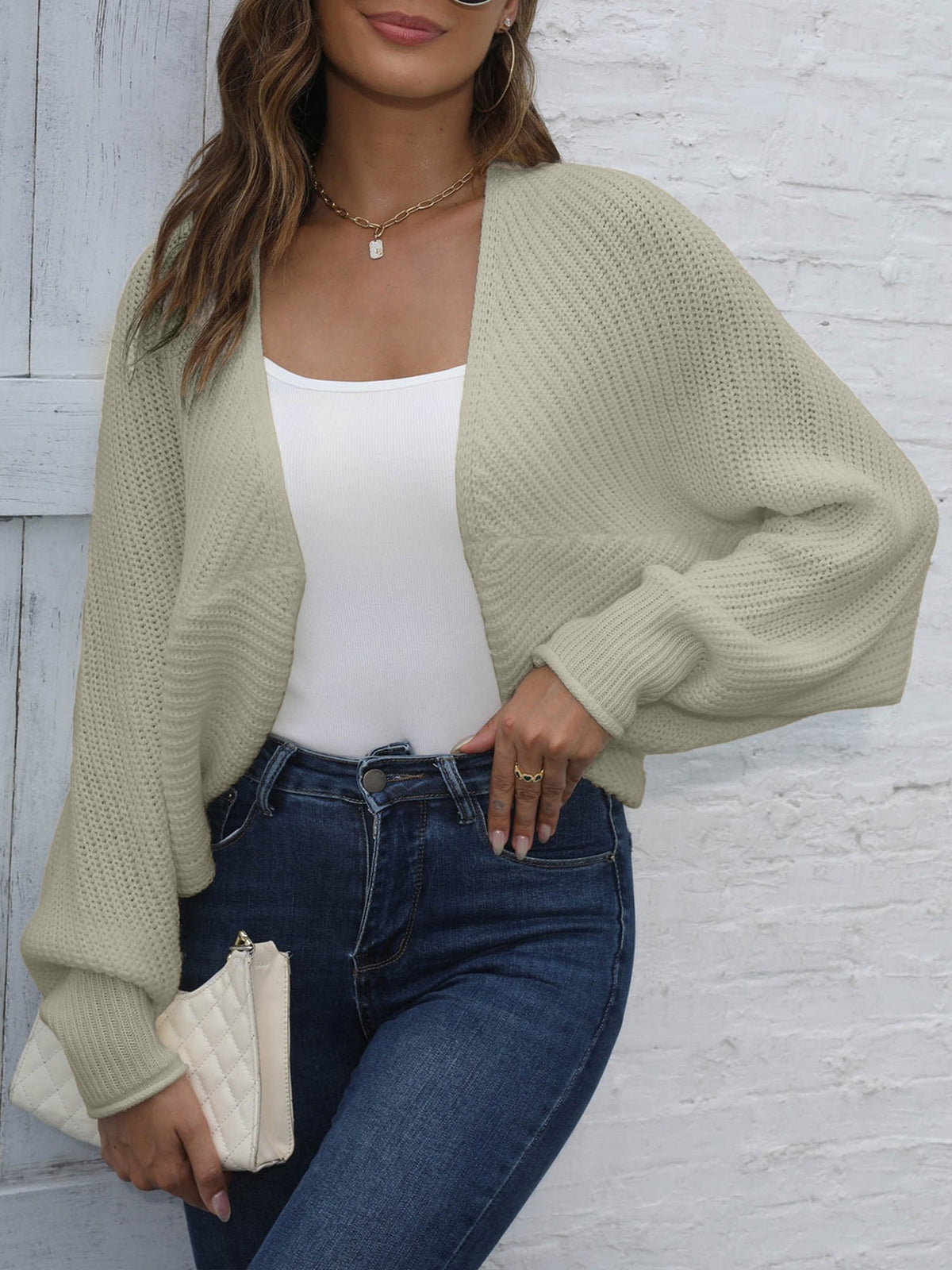 Batwing Sleeves Open Front Shawl-Style Cropped Cardigan