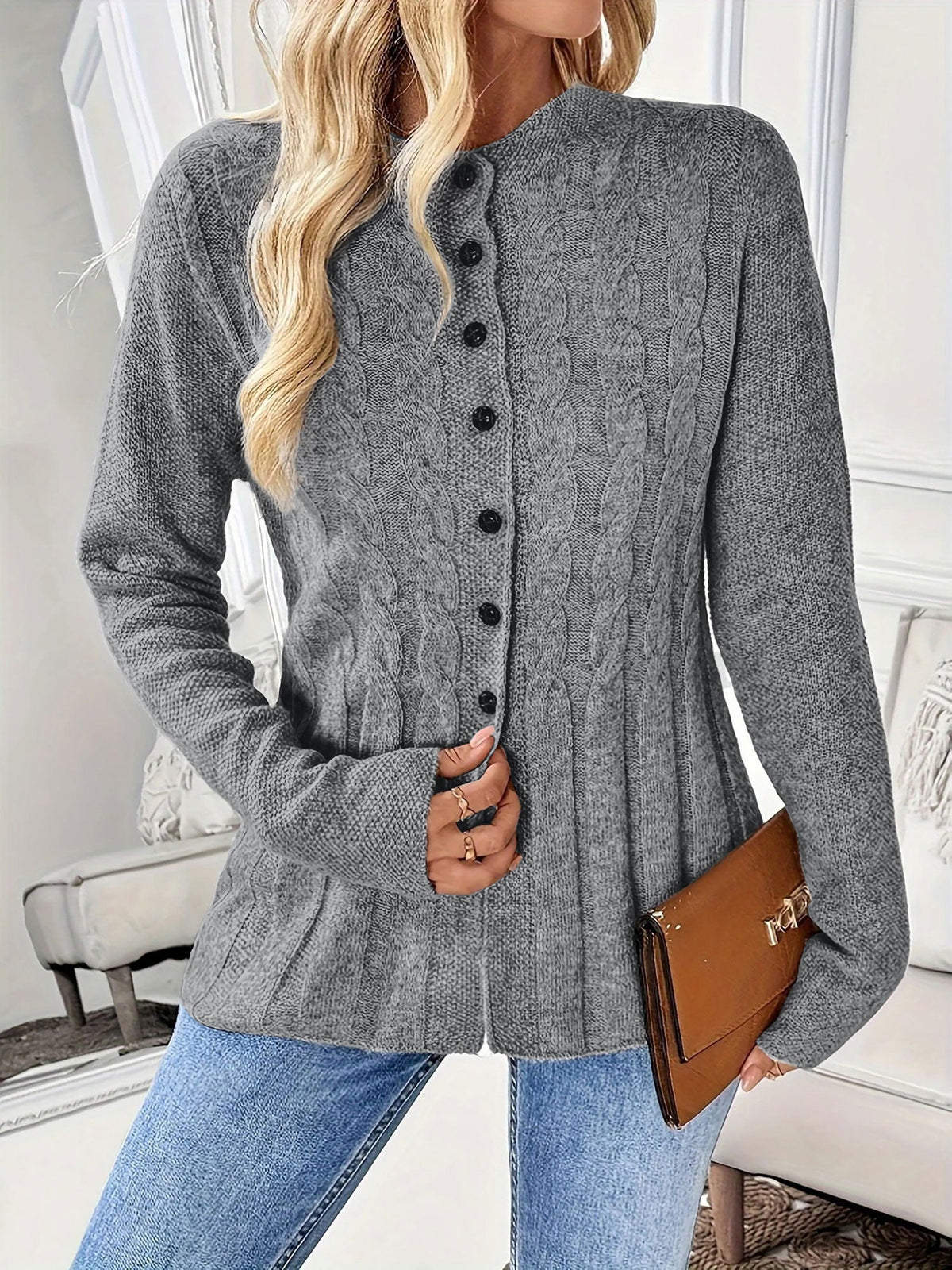 Cable Knit Crew Neck Long Sleeves Cardigan