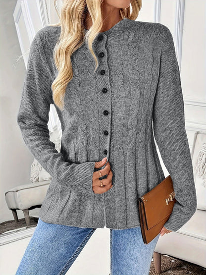 Cable Knit Crew Neck Long Sleeves Cardigan