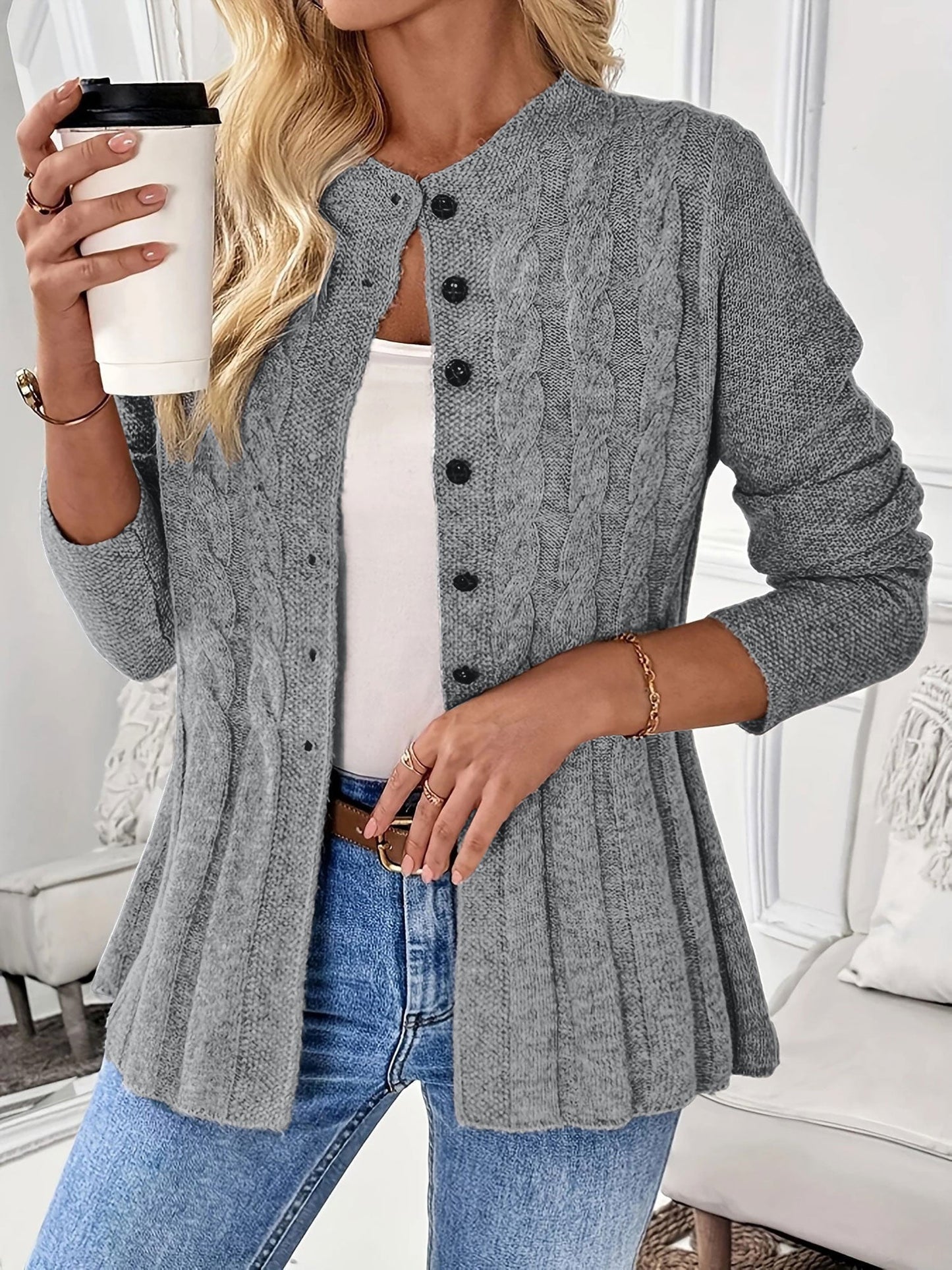 Cable Knit Crew Neck Long Sleeves Cardigan