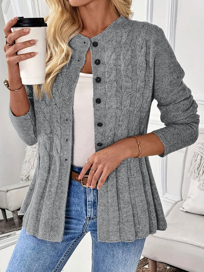 Cable Knit Crew Neck Long Sleeves Cardigan