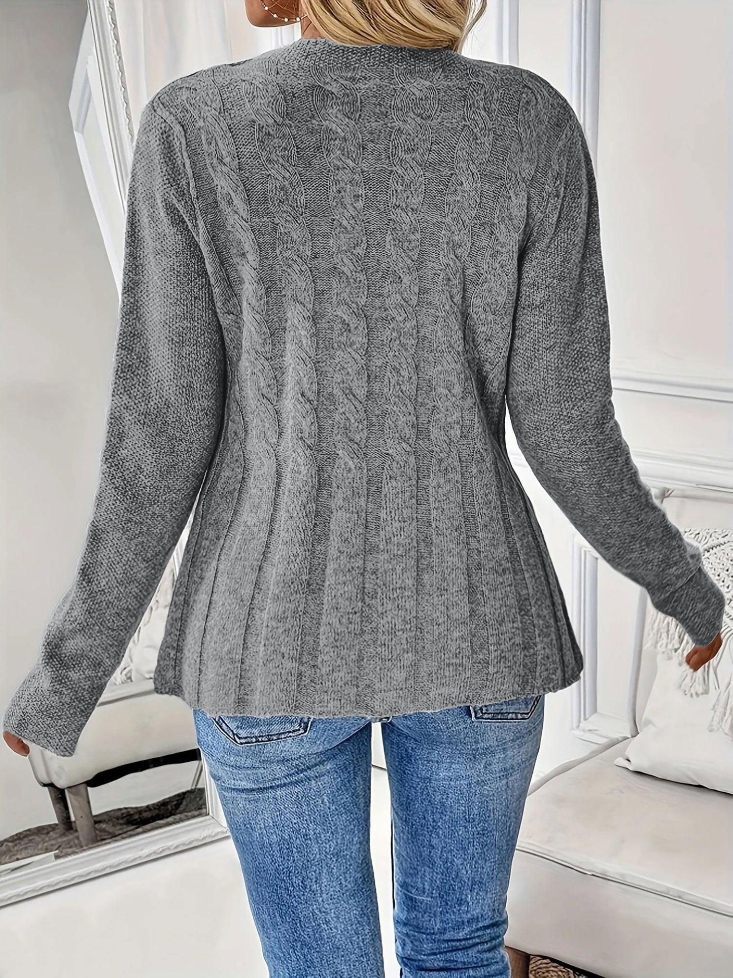 Cable Knit Crew Neck Long Sleeves Cardigan
