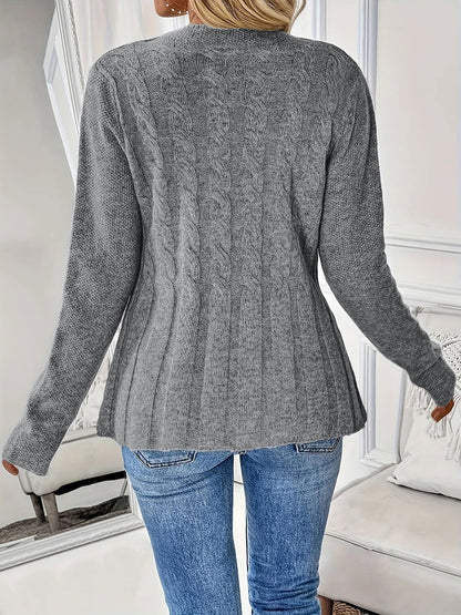 Cable Knit Crew Neck Long Sleeves Cardigan