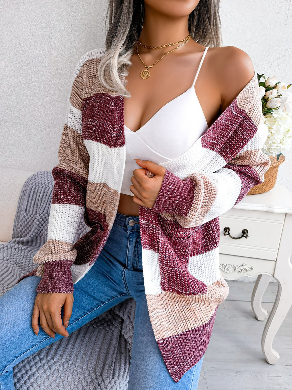 Colorblock Striped Long Sleeve Casual Cardigan