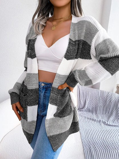 Colorblock Striped Long Sleeve Casual Cardigan