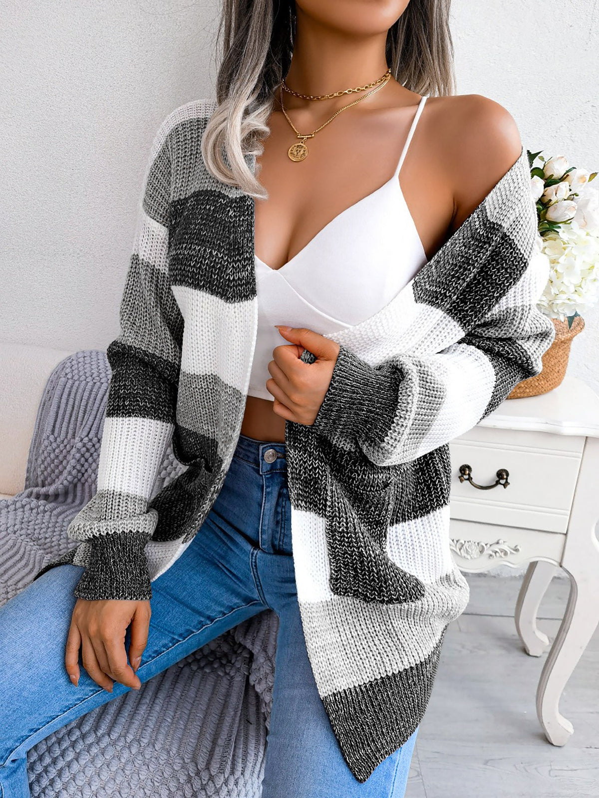 Colorblock Striped Long Sleeve Casual Cardigan