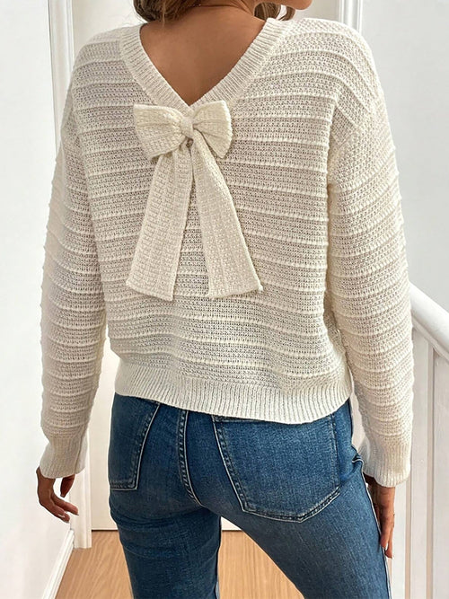 Crew Neck Long Sleeves Back Bow Casual Sweater