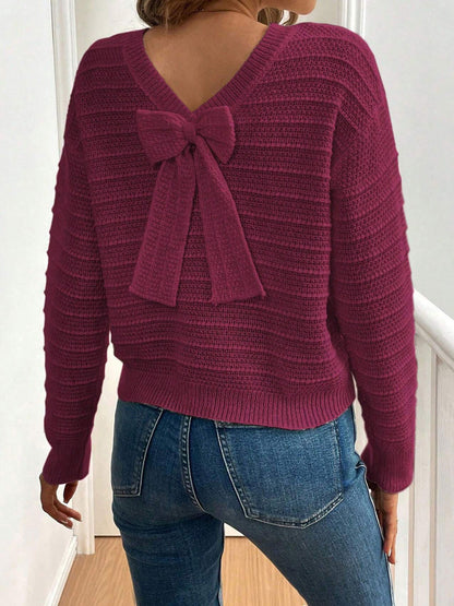 Crew Neck Long Sleeves Back Bow Casual Sweater